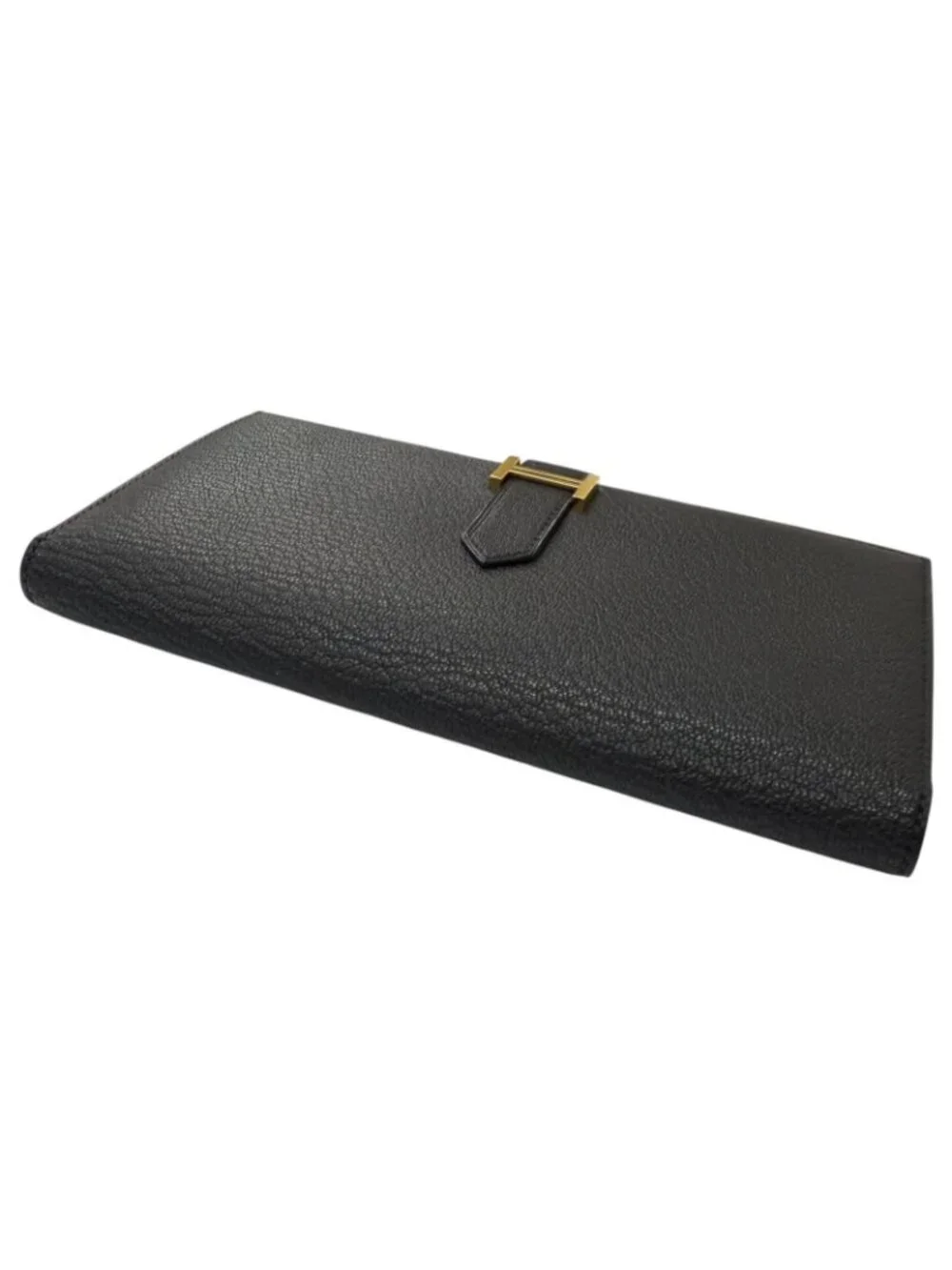 Hermes Bearn Souffle Chevre Logo Gold Wallet Leather Black